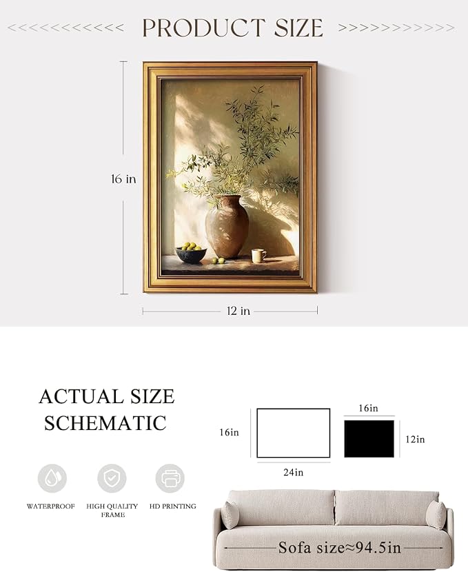 ARPEOTCY Gold Framed Canvas Wall Art, Olive Tree Potted Wall Decor, Farmhouse - Image 4