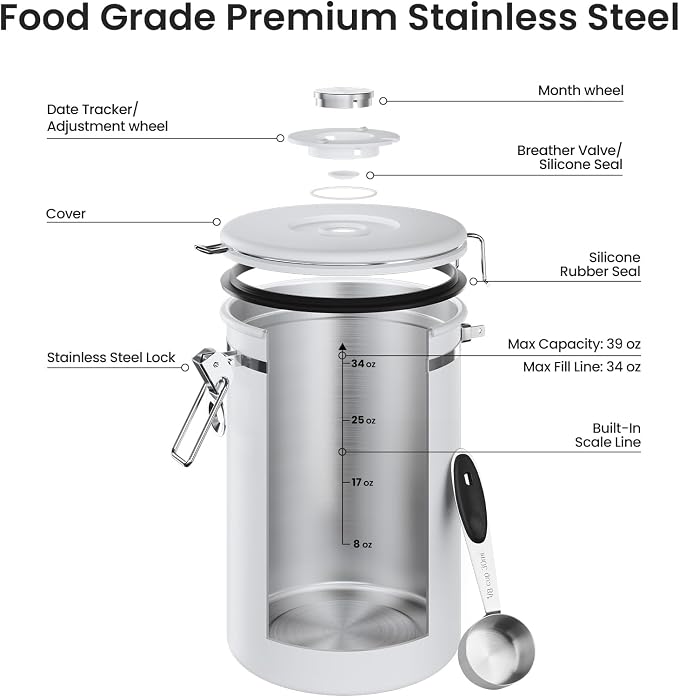 Veken Coffee Canister, 39OZ Large, Airtight Stainless Steel Food Storage - Image 4