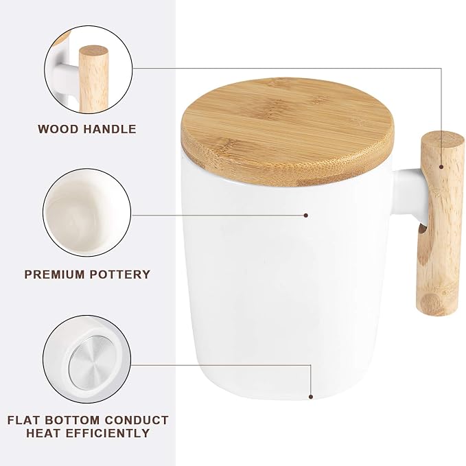 HOWAY Flat Bottom Mug with Wood Lid, Ceramic Tea Cup - Image 2