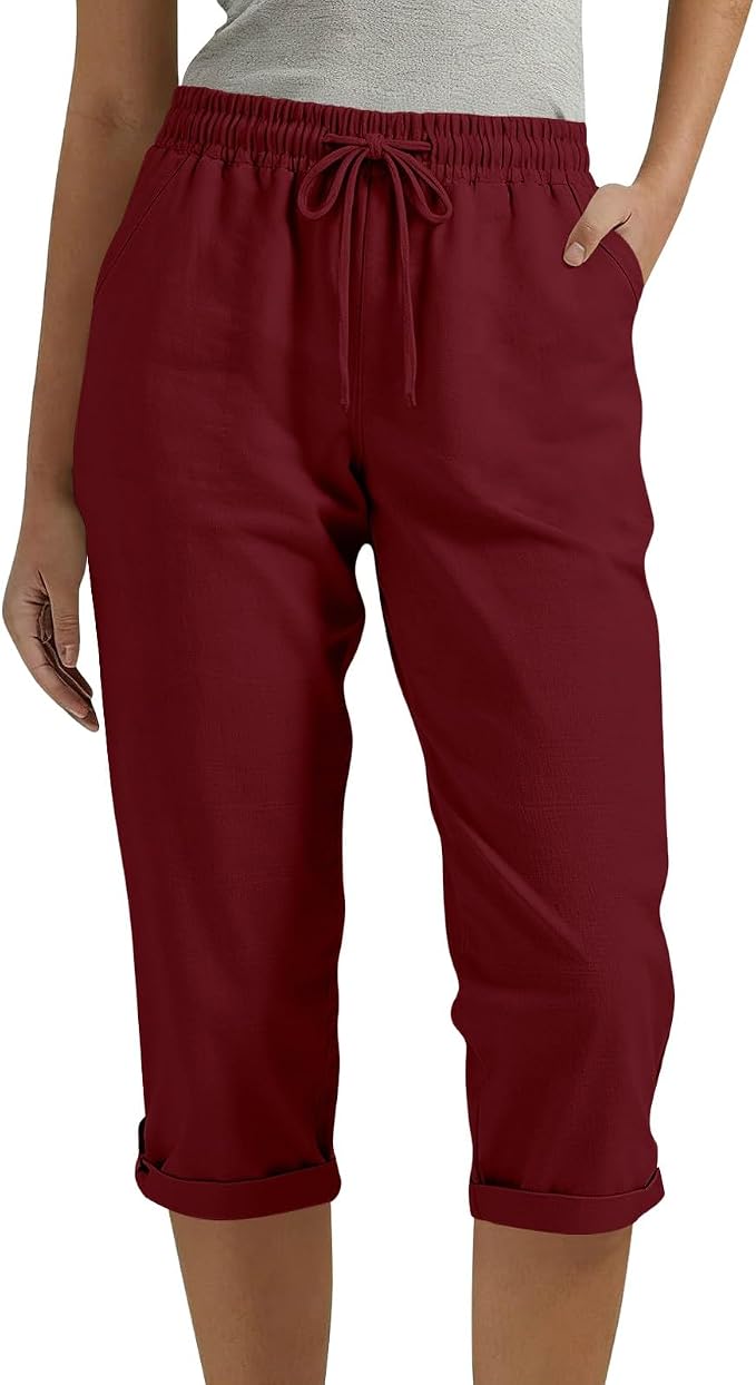 Drawstring Capri Linen Pants Women Elastic Waist Straight Leg Pant Summer Beach by Unknown
