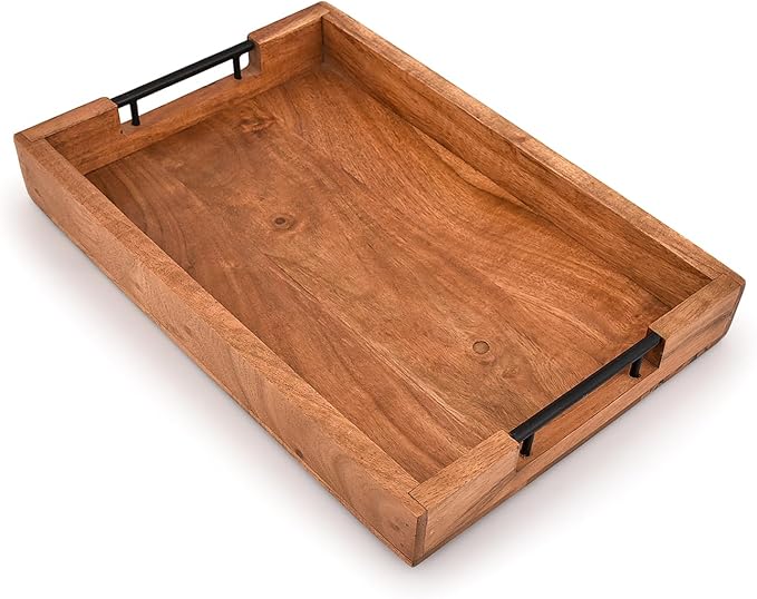 Tray with Metal Handles Acacia Wood Serving Tray Decorative Ottoman Coffee - Image 3