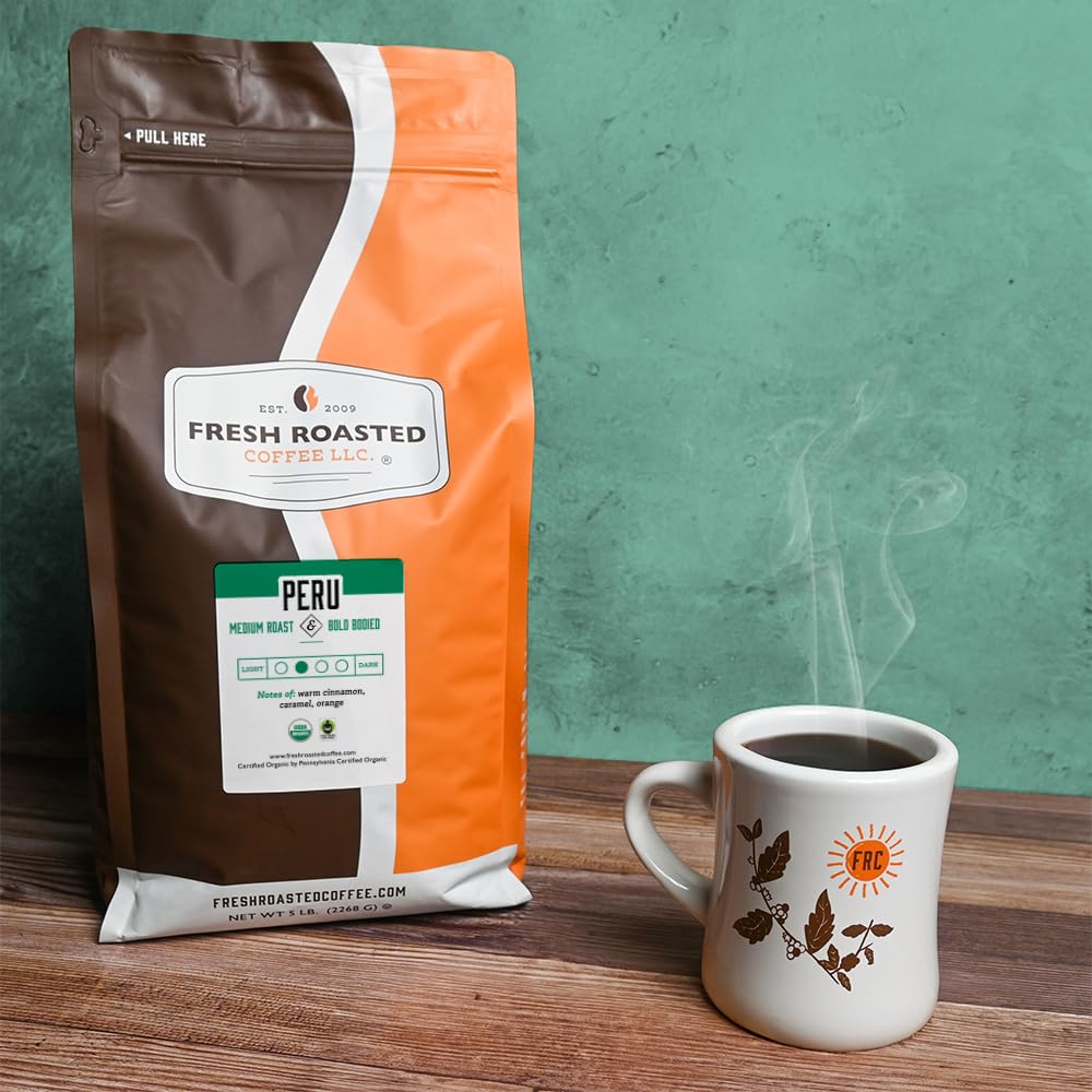 Fresh Roasted Coffee, Organic Peru | Mold & Myco 3rd Party Tested, USDA Organic, Kosher | Med Roast 5 lb (80 oz) Ground