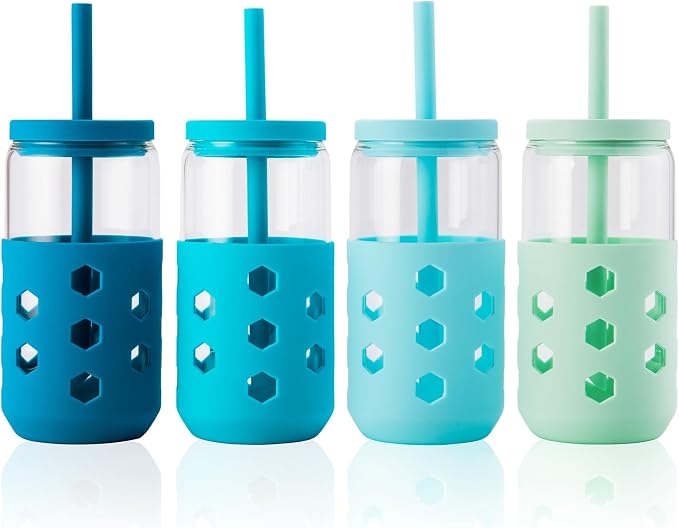 Mrsdry 16 oz Glass Cups With Lids and Straws, Cute Drinking Glasses Set by Mrsdry
