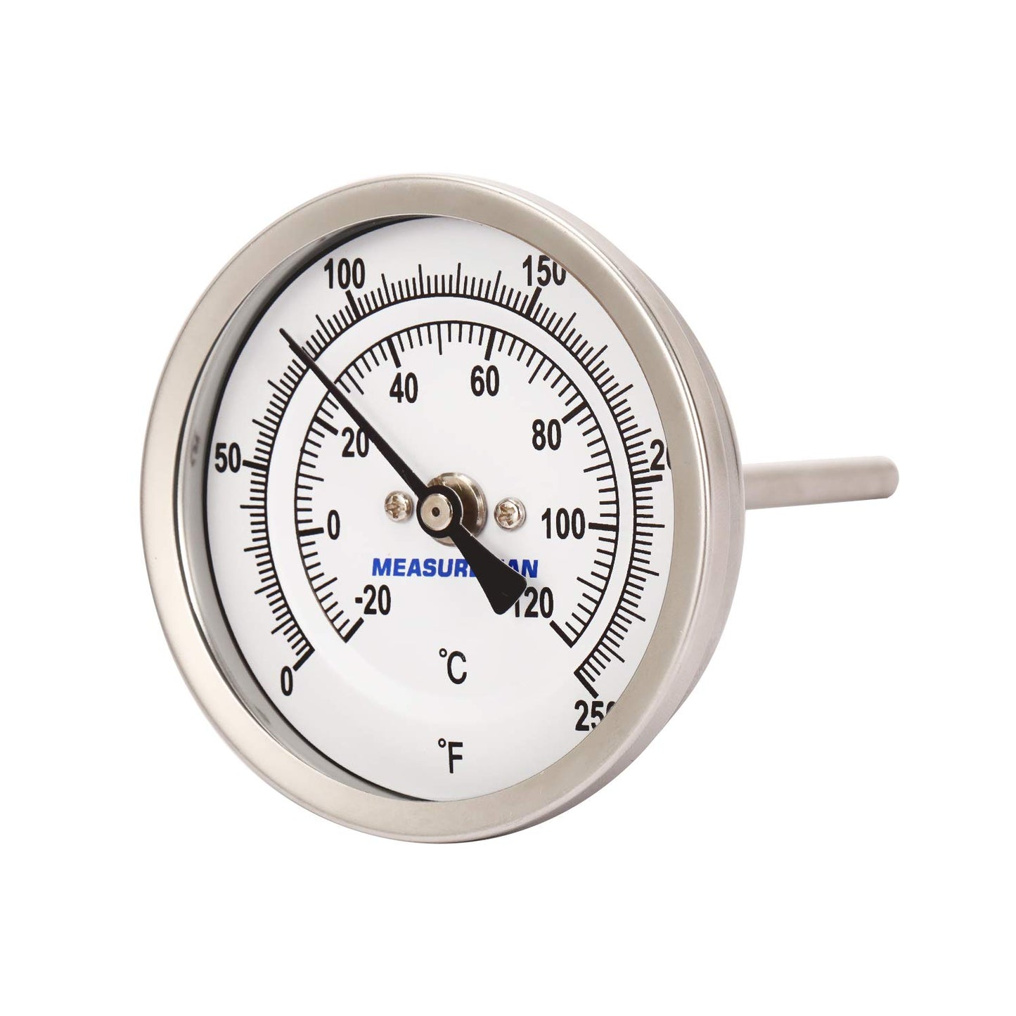 MEASUREMAN Fully Stainless Steel Pot, Kettle, Brewing Bimetal Thermometer, 3" Dial, 4" Stem, 0-250 deg F/-20-120 deg C, -1% Accuracy, Adjustable, 1/2" NPT Back Mount