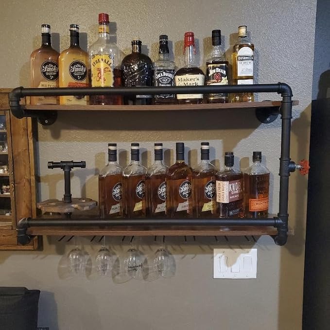 Wine Rack Wall Mounted 2 Tier, Hanging Floating Bar Liquor Shelves - Image 7