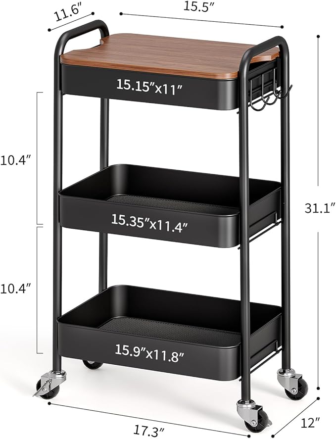 TOOLF 3-Tier Rolling Cart with Table Top, Metal Storage Cart on Wheels - Image 7