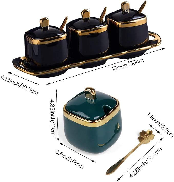 Black Sugar Bowl with Lid and Spoon, Ceramic Condiment Jars Spice Container - Image 5
