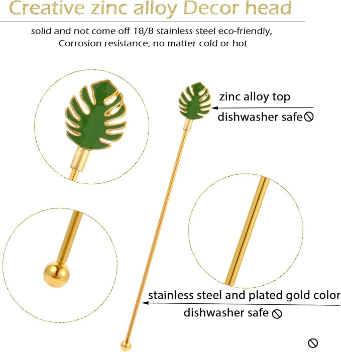 Palm leaf Drink Stirrer Sticks Stainless Steel Coffee Beverage Stirrers，Set of - Image 3