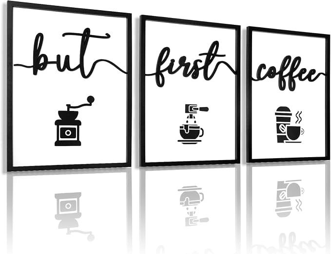 3D Wood But First Coffee Sign, Framed Coffee Bar Wall Decor Wall Art by KIOSSUT