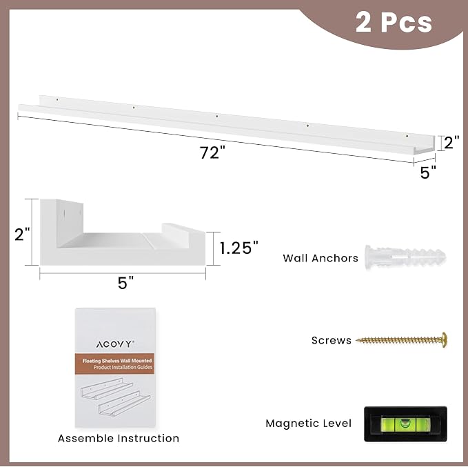 Acovy Long Floating Shelves for Wall, 72 inch Solid Wood Picture Ledge Shelf - Image 2
