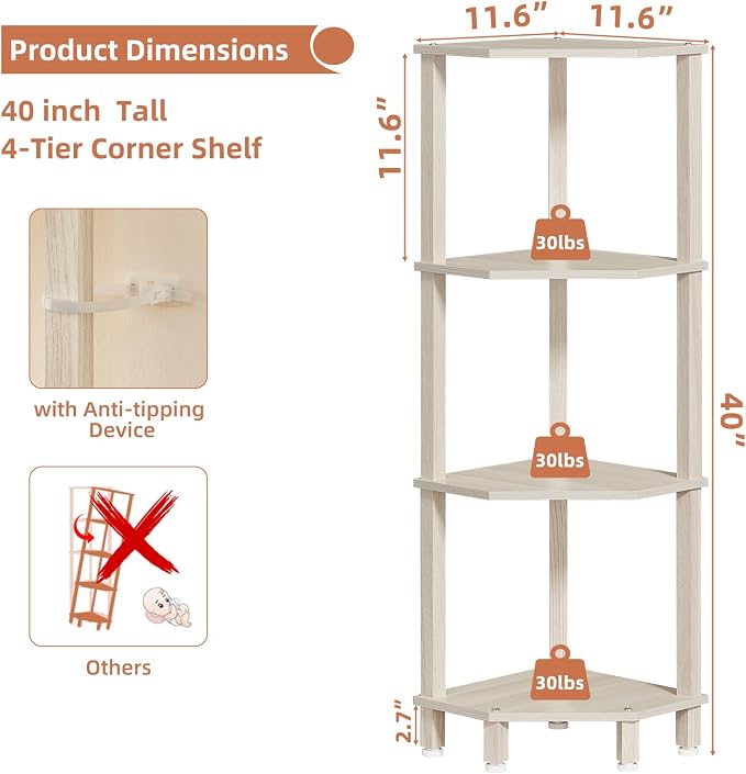 YUFAM 4-Tier Corner Shelf with Sturdy 5-Leg Base, Wooden Corner Bookshelf - Image 2