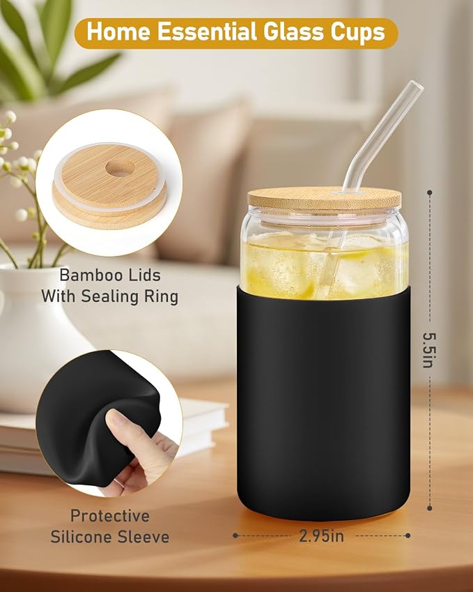 sungwoo Glass Cups with Lids and Straws, 4 Pack 16OZ Iced Coffee Cups with - Image 3