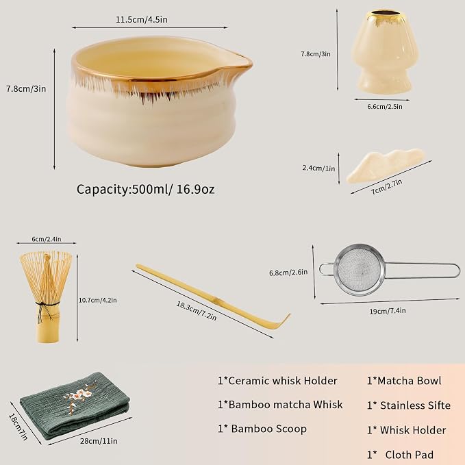 7-Piece Matcha Whisk Set – Yellow Spouted Ceramic Bowl - Image 7