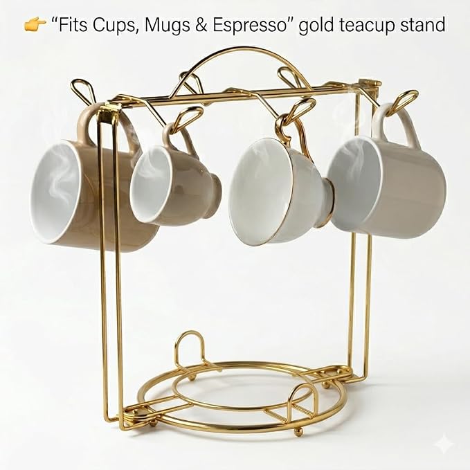 HOHIYA Gold Tea Cup and Saucer Stand 2 Pack Metal Teacup Holder Rack - Image 6