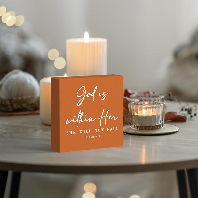 God Is Within Her Bible Verse Artwork Orange Wood Box Sign Rustic Farmhouse - Image 4