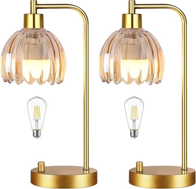 ILLMTW Glass Table Lamp Set of 2, Small Gold Bedside Lamps Dimmable Boho by IlluminateTheWorld