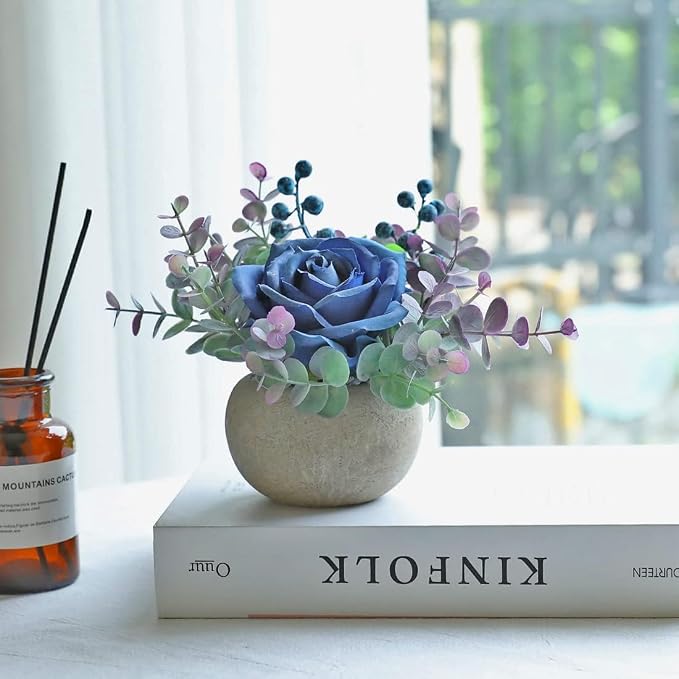 Small Artificial 2pcs Blue Rose Potted Plant, Mini Faux Floral Arrangement - Image 4