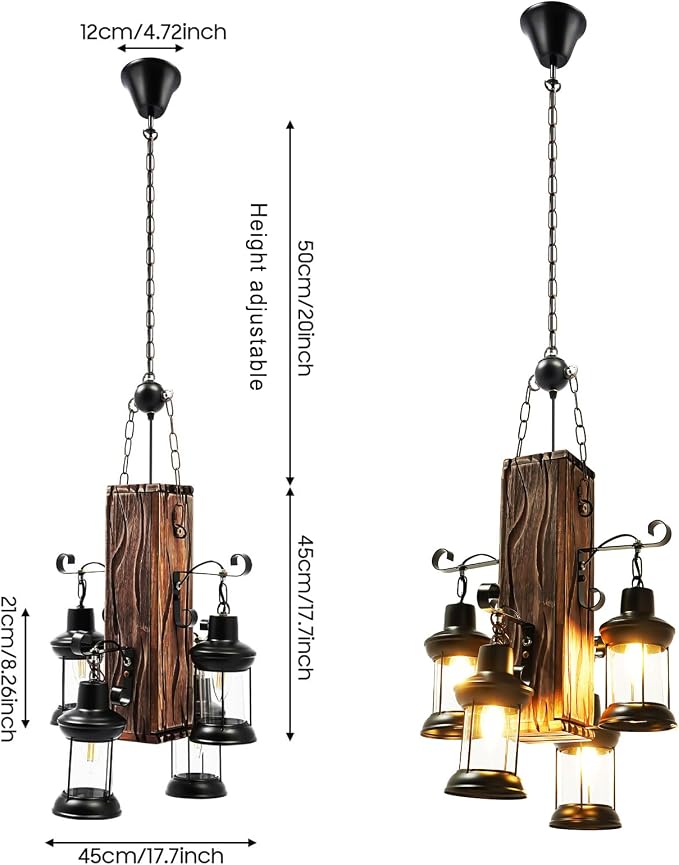 DouSeiAi Industrial Wooden Vintage 4-Light Pendant Light, Retro Loft Lantern - Image 4