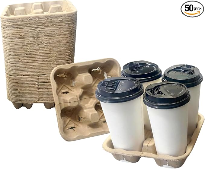 Tearable 4 to 2 Disposable Cup Drink Carrier Tray, 50 Pack, Pulp Fiber Cup by 247BAGS
