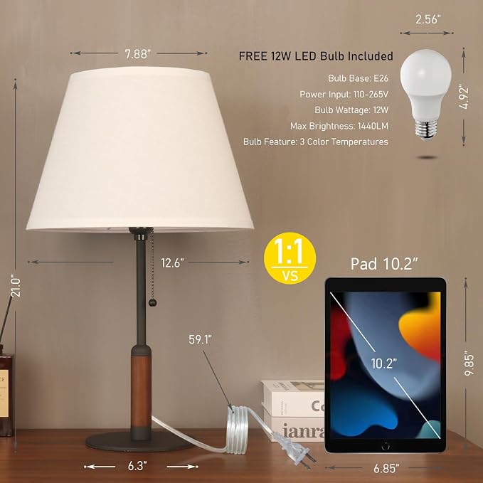 21" Modern Bedside Lamp Mid Century Table Lamp, Pull Chain Nightstand Lamp - Image 2
