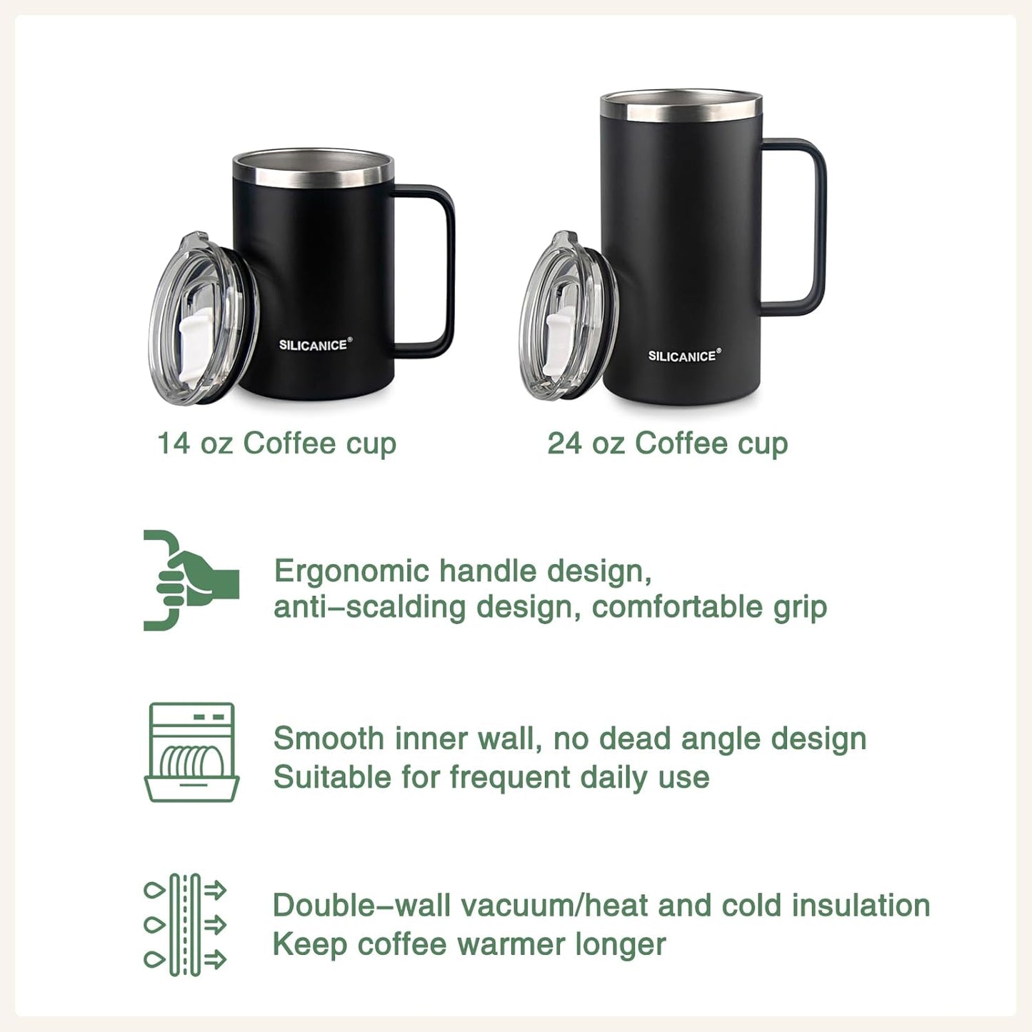 14 oz Stainless Steel Vacuum Insulated Tumbler with handle & MacSlider Lid, Dishwasher Safe & Spill Proof Coffee Cup, Travel Mug for Hot/Cold Drinks, Durable Design - Navy