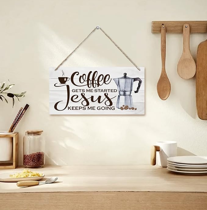 Hanging Coffee Wood Decor Sign, Jesus Keeps Me Going, Printed Wooden Plaque - Image 4