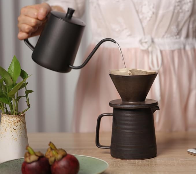 Stoneware Handmade Pour Over Coffee Maker Set, Ceramic Coffee Brewer Hand Drip - Image 3