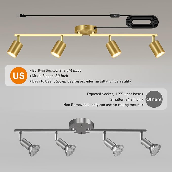 Plug in Track Lighting LED, Track Lighting Fixtures Ceiling Gold, 4-Light - Image 9