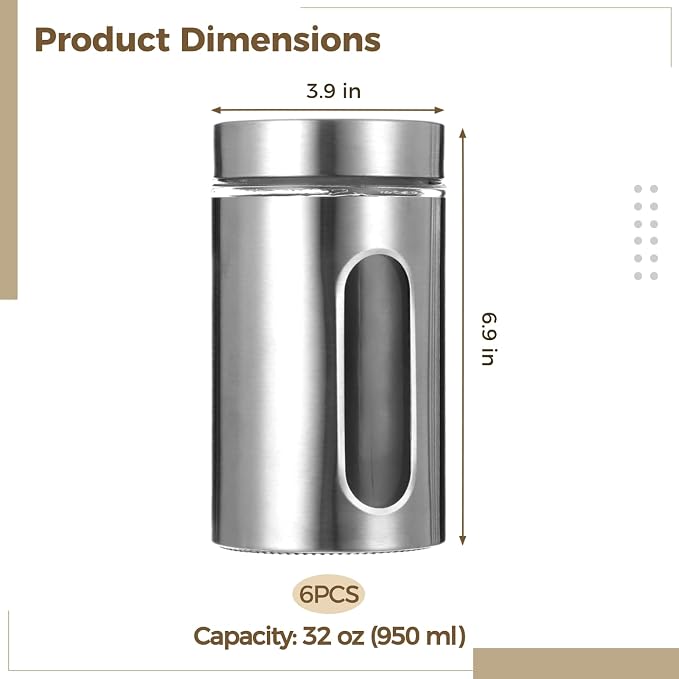 6 PCS Stainless Steel Glass Canisters, 32 oz Large Coffee Jar - Image 5