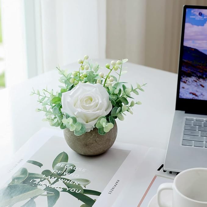 Small Artificial White Rose Potted Plant, Mini Faux Floral Arrangement - Image 6