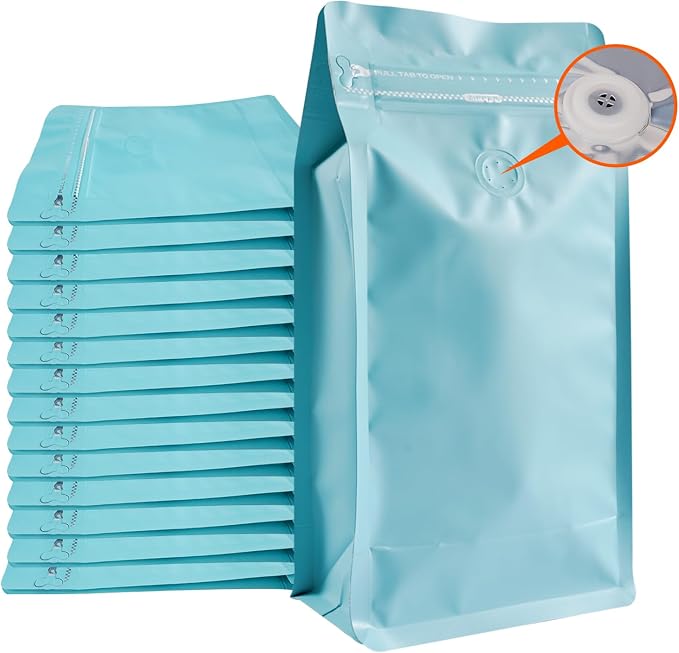 Coffee Bags with Valve Blue High Barrier Aluminum Foil Flat Bottom Standing by Funnyleaf