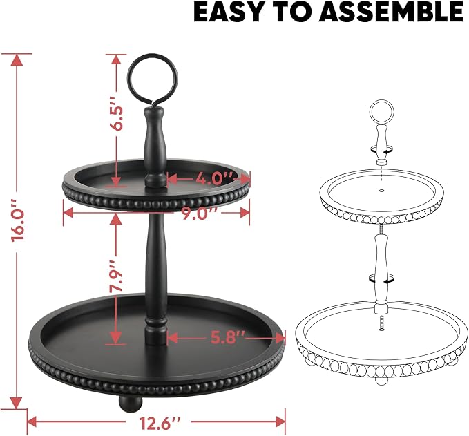 Beaded Tiered Tray Stand, Rustic Wooden 2 Tier Decorative Tray - Image 3