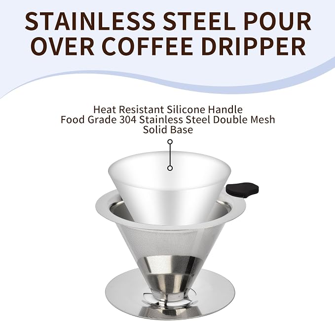 Stainless Steel Pour Over Coffee Dripper, Reusable Fine Mesh Filter - Image 3
