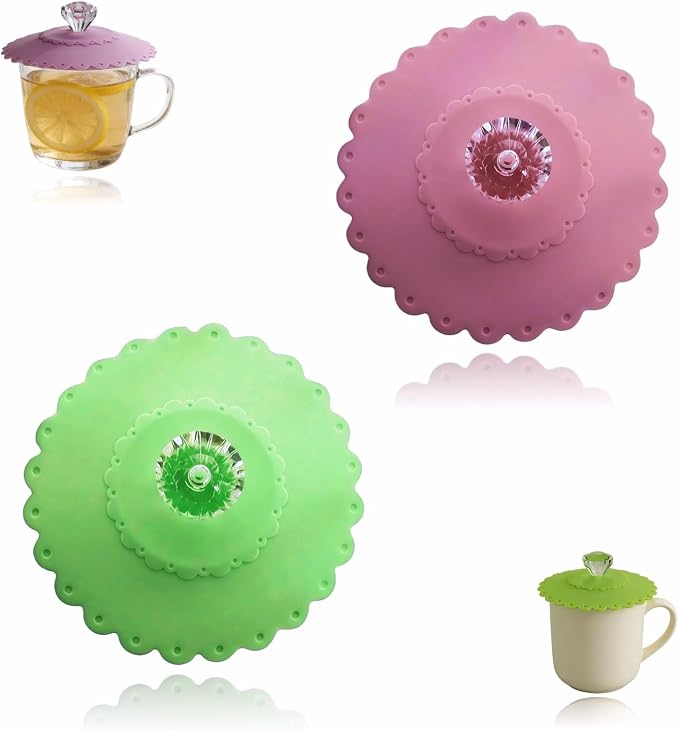 Silicone Cup Lids with Acrylic Crystal Handle, Food Grade Silicone Hot Cup Lids by yayaboqu