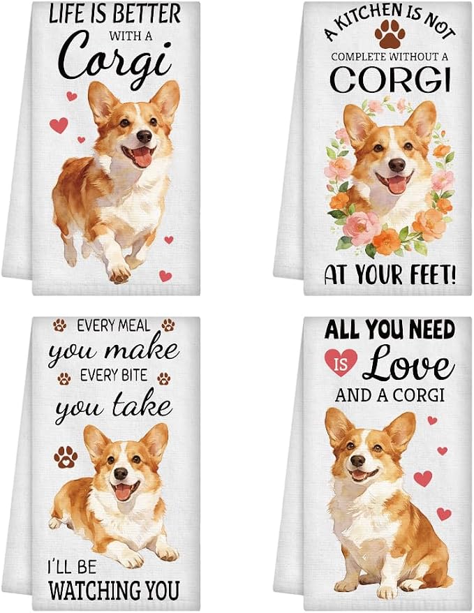 WADORN 4 Styles Funny Corgi Kitchen Towels Set by WADORN