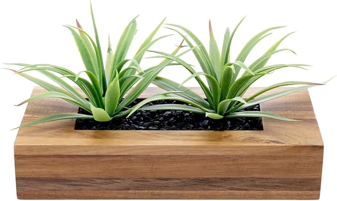 MyGift 10 Inch Artificial Green Grass Plants in Deluxe Acacia Solid Wood - Image 6