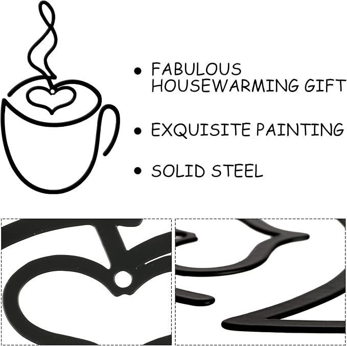 Ferraycle 3 Pieces Coffee Cup Metal Wall Art Wire Coffee Bar Hanging Decor Cafe - Image 3