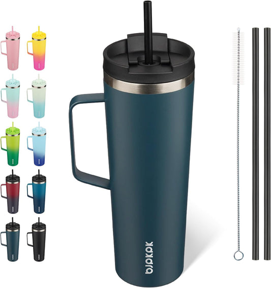 BJPKPK Insulated Tumbler with Handle, 30oz Insulated Tumblers with Lid and Straw, Stainless Steel Metal Water Bottles, Coffee Travel Mugs, Cups, Navy Blue