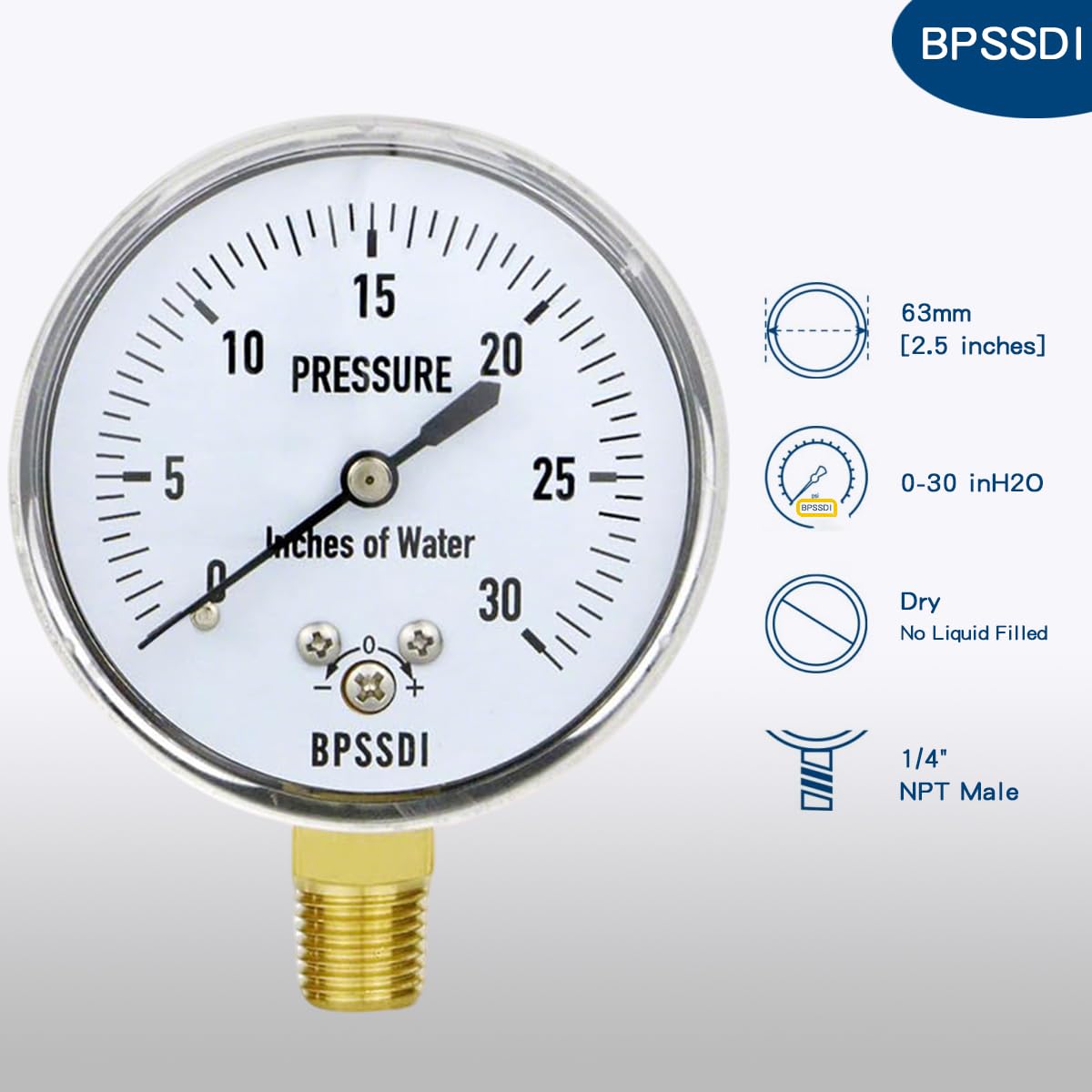 0-30 Inches of Water Column Gauge, Low Pressure Gauge, Capsule Gauge with 304 Stainless Steel Case, 2.5" Dial Size, 1/4" NPT Lower Mount, Zero Adjustment, for Air Water Gas Pressure Test