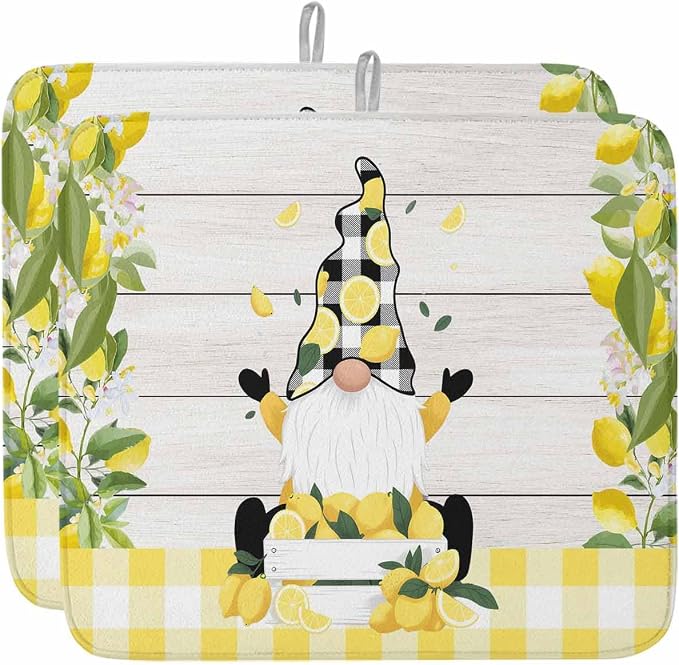 Lemon Dwarfs Dish Drying Mat 16x18 inch Gnome Green Leaf Wood Striped Black by Unknown