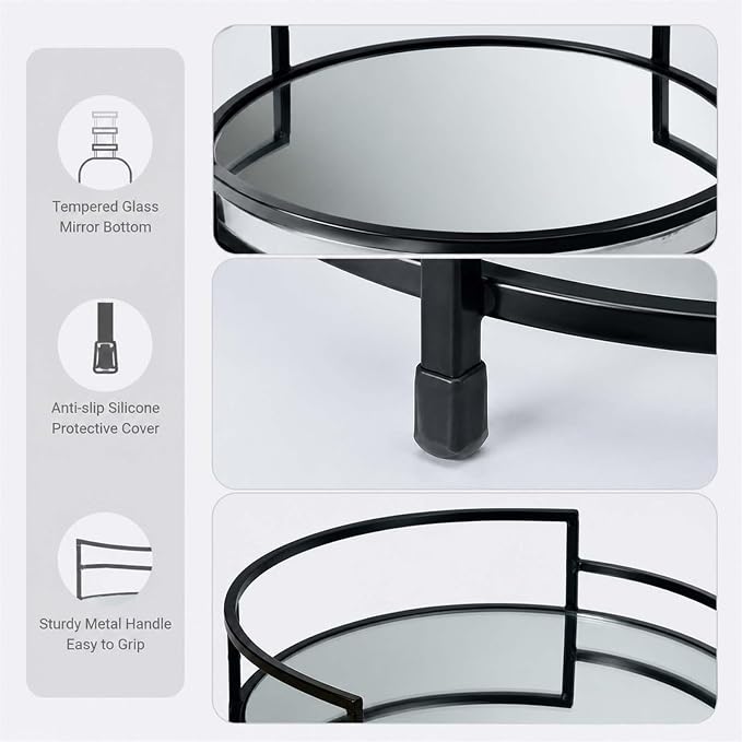 Round Black 12" Mirror Decor Tray, Metal Mirror Serving Tray, Glass Vanity & - Image 4
