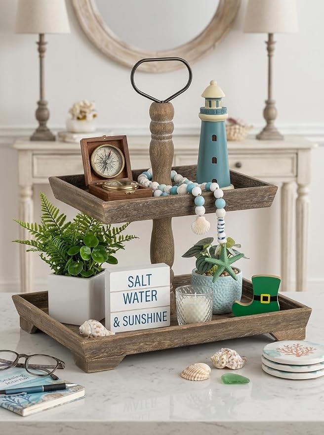 Hanobe Tiered Tray for Table Decor: 2 Tier Coastal Beach Decorative Stand | - Image 8