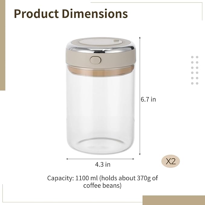 Homaisson 2 PCS Glass Coffee Canister 1100ml, Airtight Coffee Bean Storage Jar - Image 4