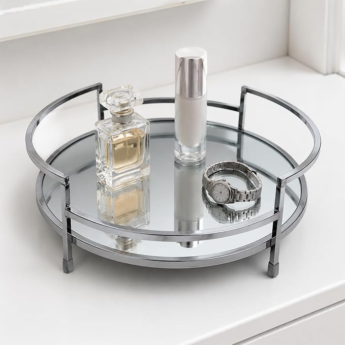 Round 12" Silver Mirror Decor Tray, Metal Mirror Serving & Glass Vanity & by ManisZuo