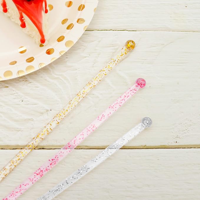 hapray 100-PCS Gold Pink Silver Glitter Plastic Swizzle Sticks, Crystal Cake - Image 3