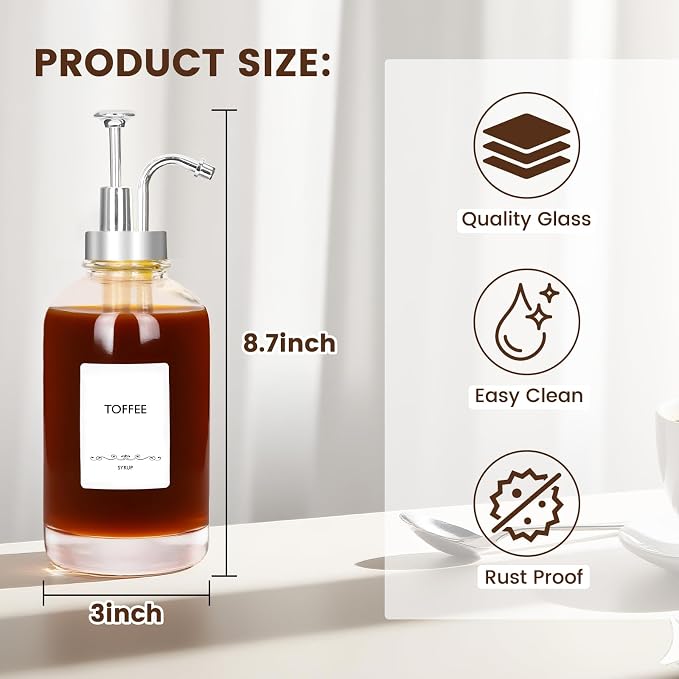 ​16.9oz Coffee Syrup Dispensers 4Pack- Glass Syrup Dispenser Kit - Image 7