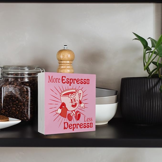 Pink Coffee Bar Decor, More Espresso Less Depresso Sign, Funny Coffee Table - Image 4