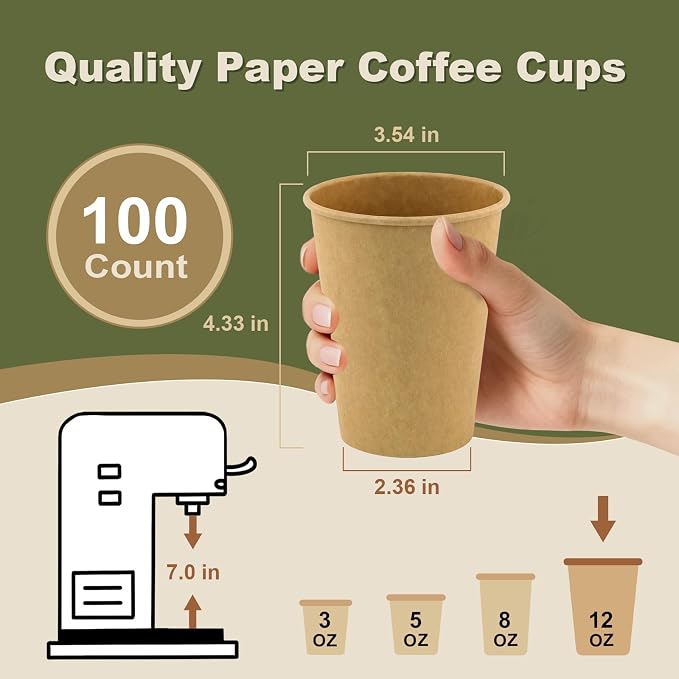 12 oz 100 Pack Disposable Coffee Cups, Bulk Brown Disposable Paper Cups - Image 3
