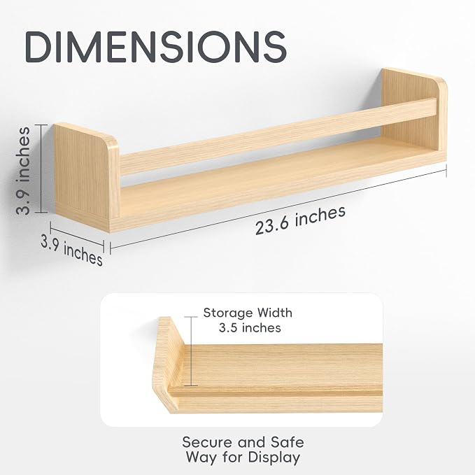 Floating Wall Nursery Book Shelves, 23.6 Inch, Natural Color | Wooden Baby Book - Image 3