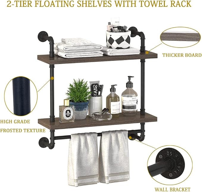 Helsin 2 Tier Wood Floating Shelves Towel Rack, Industrial Pipe Bathroom - Image 7